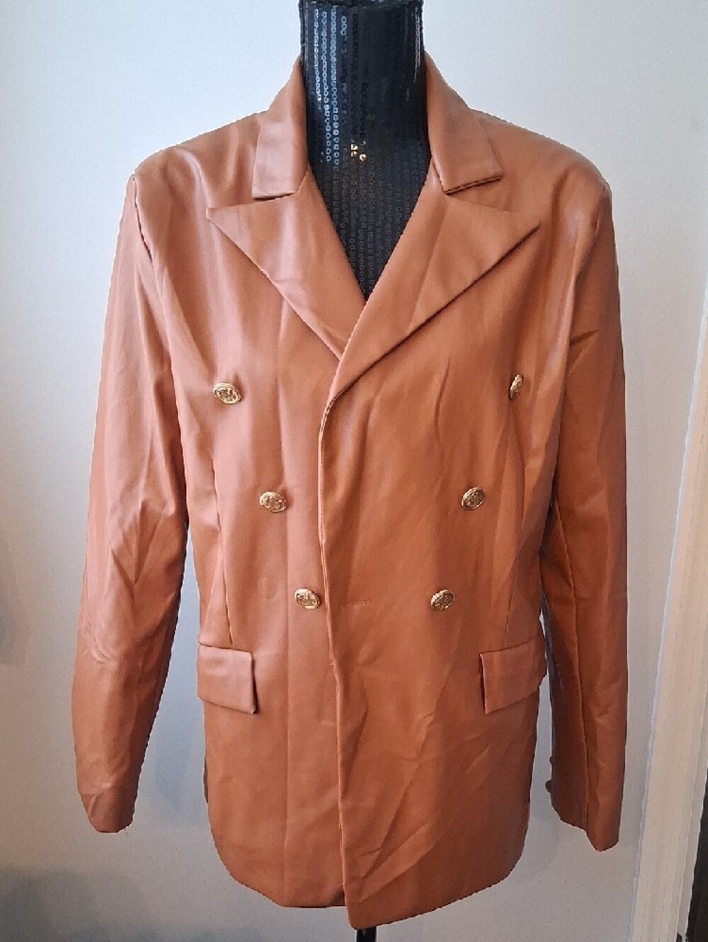 Double-Breasted Faux Leather Blazer Jacket in Cognac